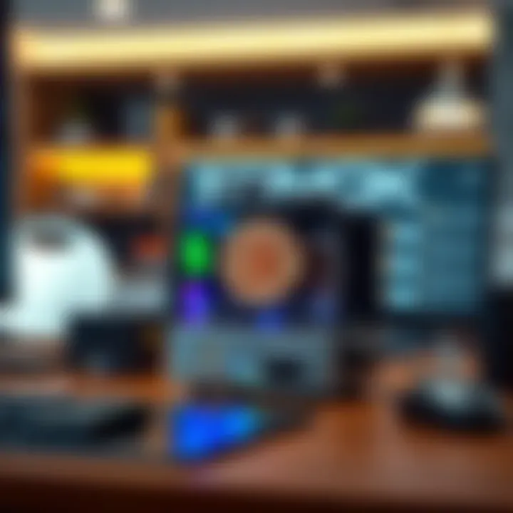 A small, low-power Bitcoin mining device set up on a computer desk with a stylish office background.