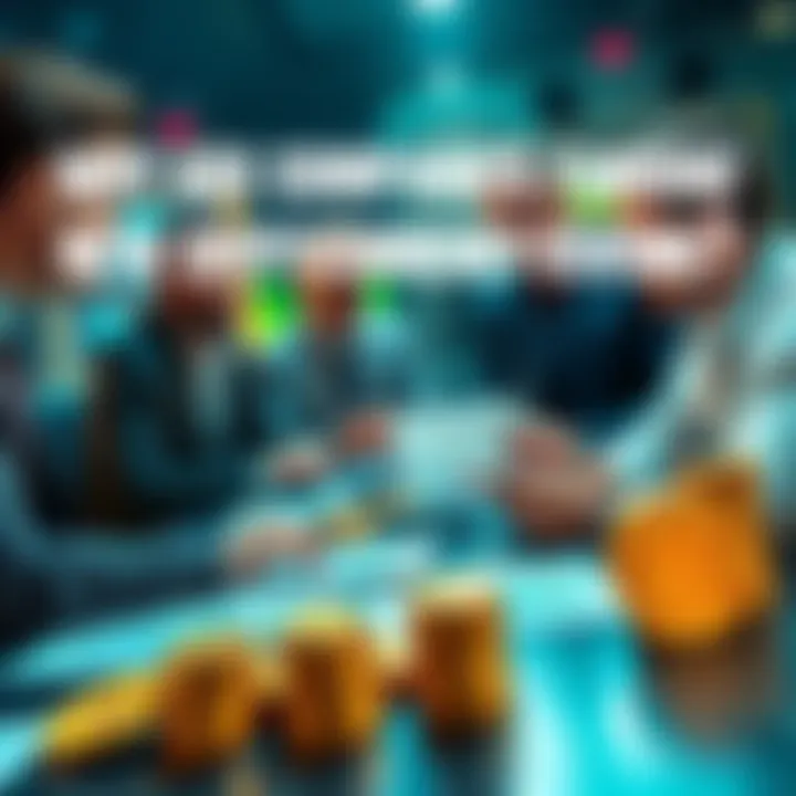 A group of business people discussing cryptocurrency investments with charts and coins on a table.