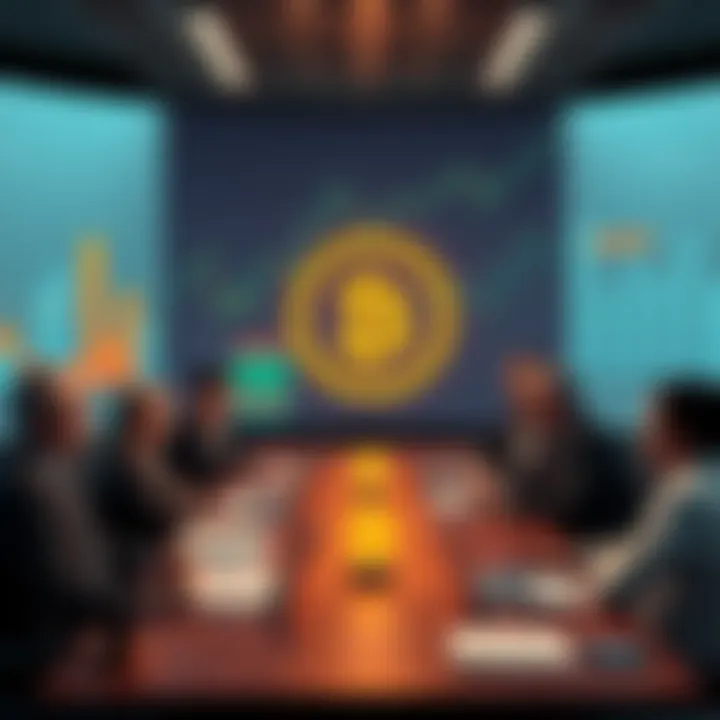 A group of business people discussing Bitcoin strategies at a conference table with charts and graphs in the background.