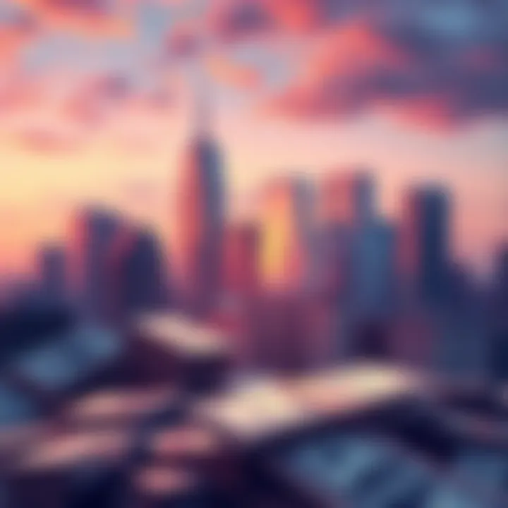 Illustration showing a modern city skyline with money in the foreground, representing today's salary compared to a vintage 1990s setting with a lower amount of cash.