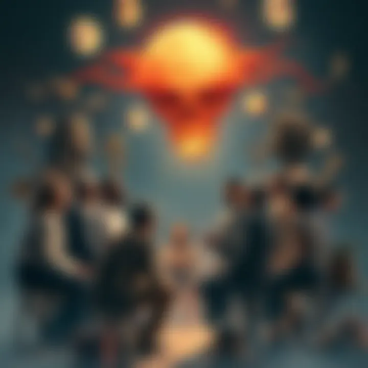 A group of diverse people discussing various views on death and life, surrounded by symbols of philosophy, science, and culture.