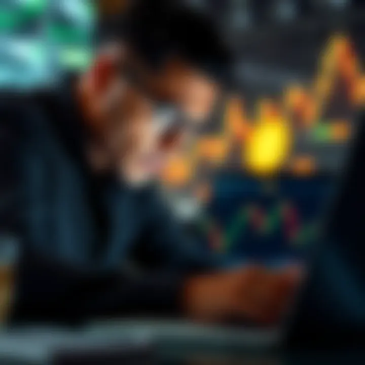 An investor with a worried expression examines Bitcoin charts on a laptop, reflecting uncertainty amid market downturn.