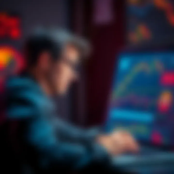 A worried person staring at cryptocurrency charts on a laptop, reflecting anxiety over small investments due to global tensions.