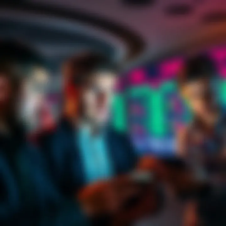 A group of worried investors looking at fluctuating stock prices on their devices, expressing uncertainty and disappointment over recent scams and market doubts.