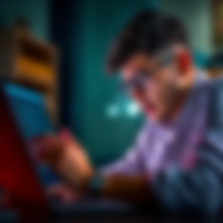 Concerned Person Checking Bank Account A worried individual looks at a laptop screen displaying bank account information, reflecting anxiety about possible freezes