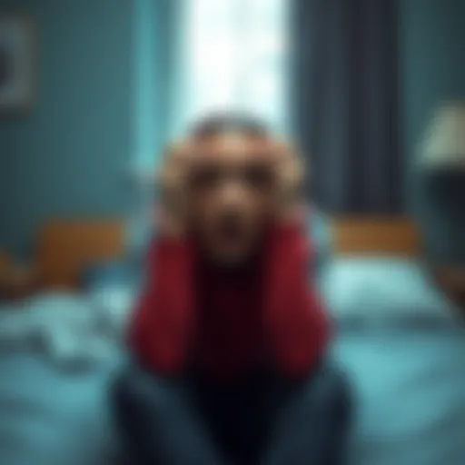 A person sitting on a bed with a worried expression, holding their head in their hands, depicting the struggle with medication side effects.