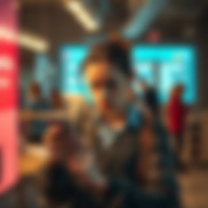 A frustrated person looking at their phone, showing disappointment over their account upgrade status, with a background of a busy office scene.