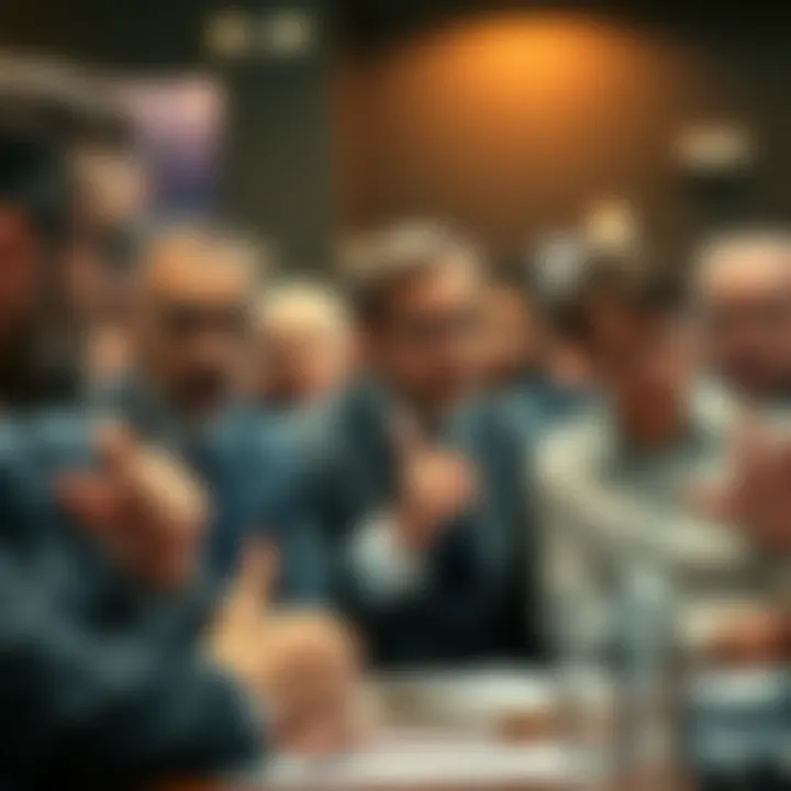 Concerned shareholders in a meeting Group of shareholders expressing skepticism during a corporate meeting, with serious expressions and pointed gestures