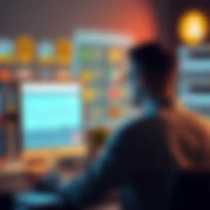 A person sitting at a computer, looking distressed while reviewing earnings reports on the screen, with badges displayed in the background.