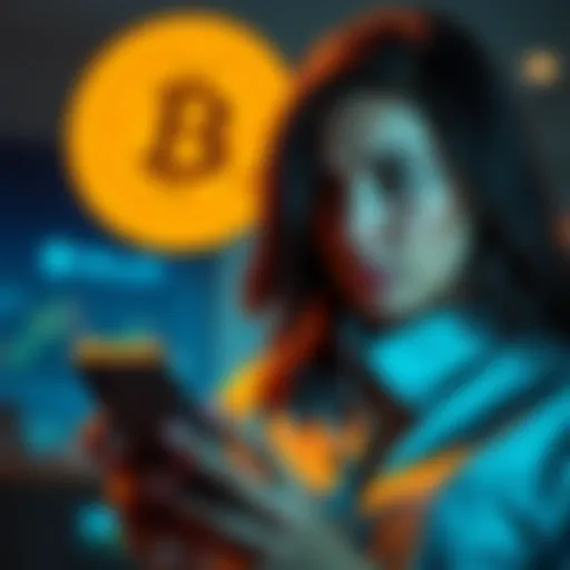 Woman looking worried while checking her phone with a Bitcoin symbol in the background