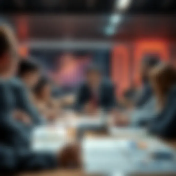 Group of people discussing concerns about a possible scam at a table with charts and graphs