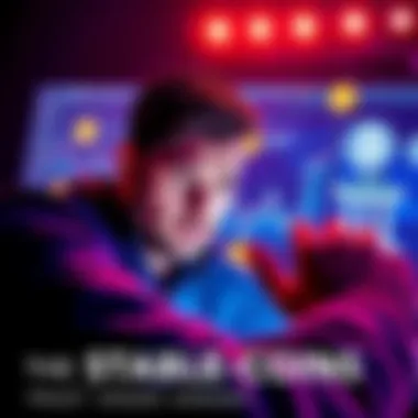 A person analyzing a digital currency chart with worried expressions, surrounded by icons of banks and coins.