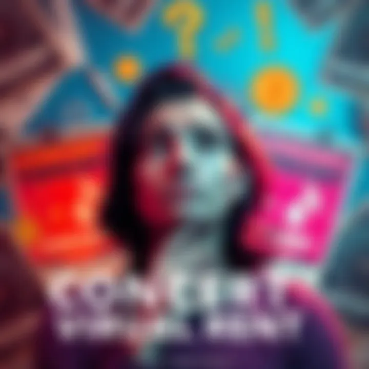 A person is thinking about whether to delay their concert virtual rent for better atlas bucks points. They appear conflicted, surrounded by concert flyers and money icons.