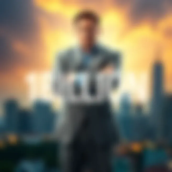 A wealthy person confidently standing in front of a city skyline, with arms crossed, symbolizing strength and determination amidst criticism.