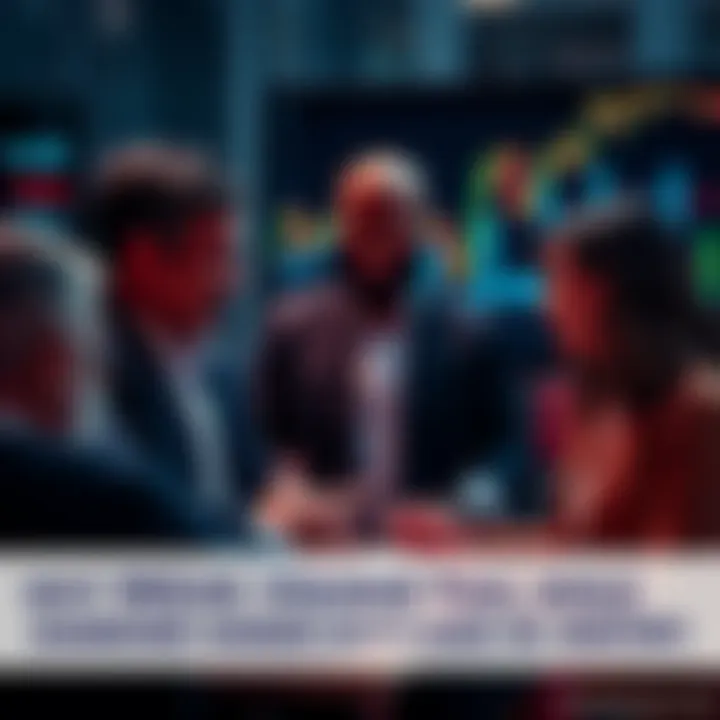 A group of investors discussing strategies confidently with charts and graphs in the background.