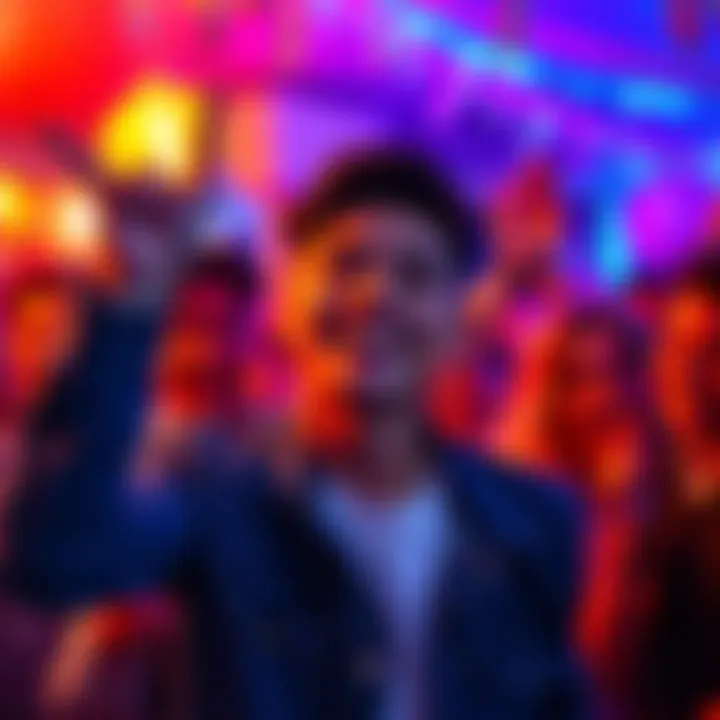 Confident person celebrating A person joyfully posing with a confident smile, surrounded by colorful decorations and friends, capturing a lively and fun atmosphere.