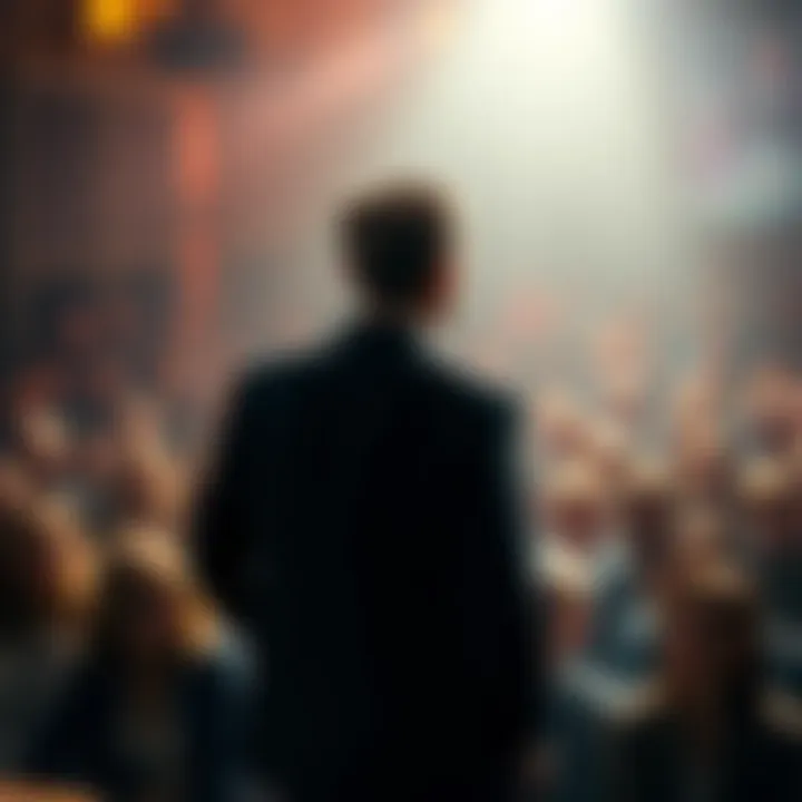 A person standing in front of a crowd A confident individual speaking to an attentive audience about a bold prediction.