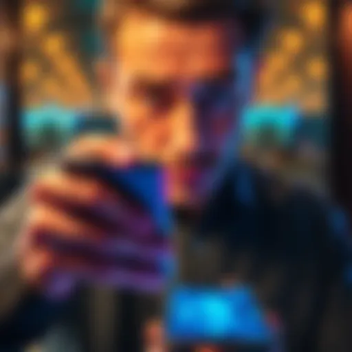 A person looking at a smartphone with a puzzled expression, unsure about which button to press on a confusing app interface.