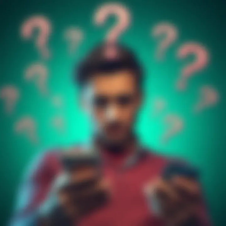 A person looking puzzled while checking their phone, surrounded by question marks and credit cards, symbolizing confusion about chargeback disputes.