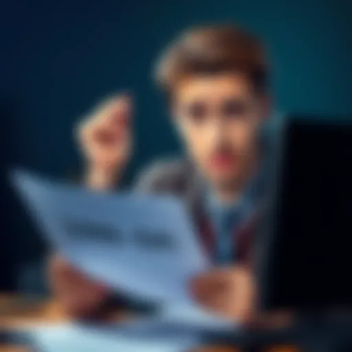 A person with a puzzled expression examining tax documents and a computer, representing challenges with 1099-DA forms