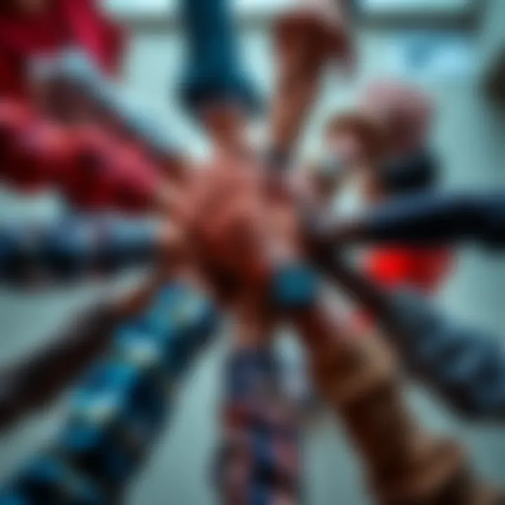 A group of diverse people holding hands in a circle, symbolizing unity and connection in a modern context.