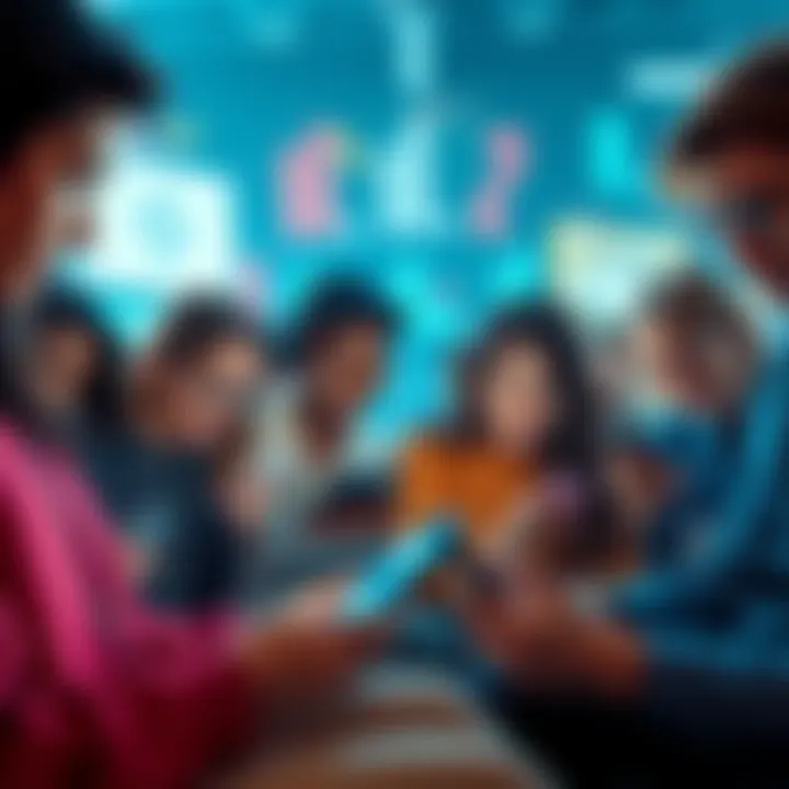 Connected People on Digital Devices A group of diverse people using smartphones and laptops, engaged in online activities, symbolizing the internet's role in connecting individuals in 2026.