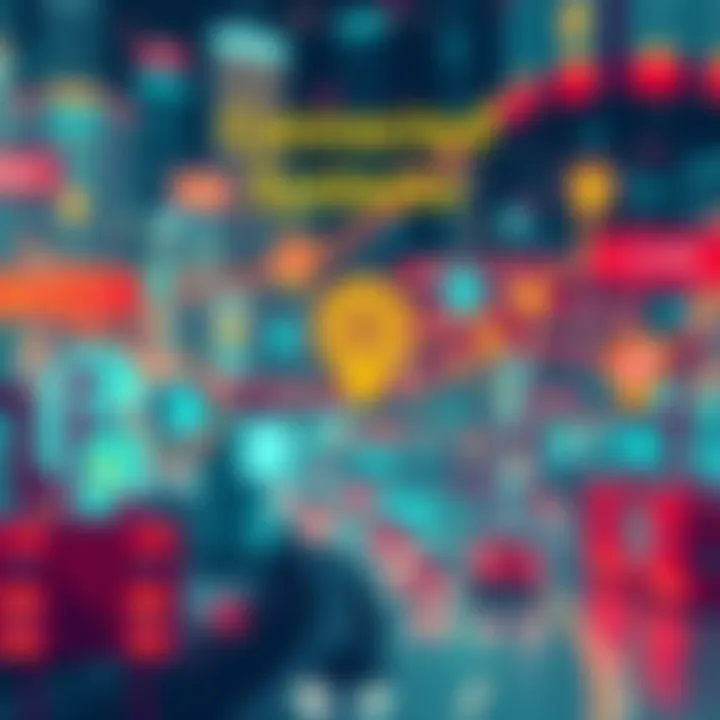 A digital illustration showing various systems like technology, transportation, and communication linked together, depicting how they interact in daily life.