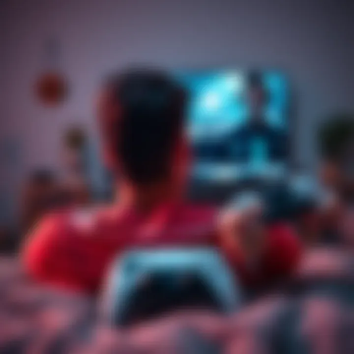 A gamer playing on a PS5, looking frustrated while waiting for a match, surrounded by game controllers and a TV screen displaying a loading screen.