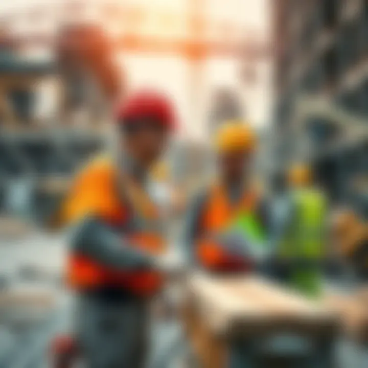 Construction workers collaborating on a project at a site with equipment and materials