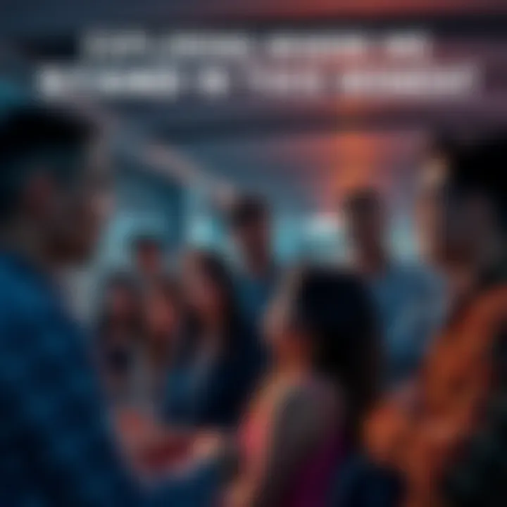 A diverse group of individuals engaged in conversation, reflecting on societal issues around them.