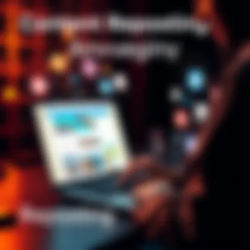 A person using a laptop to repost content on social media, with icons of various platforms around them, showing engagement and visibility