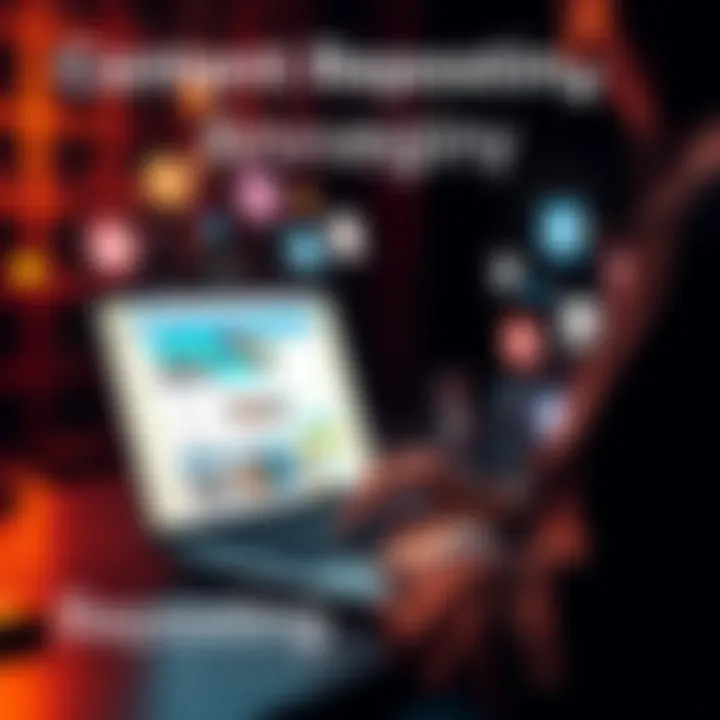A person using a laptop to repost content on social media, with icons of various platforms around them, showing engagement and visibility