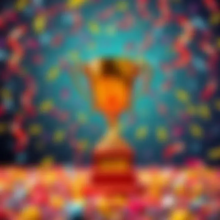 A colorful graphic with a trophy and confetti celebrating the upcoming winner announcement of a contest