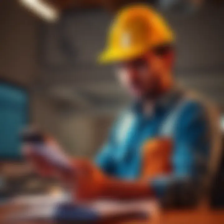 A contractor looking worried while checking his phone and documents, with a background of paperwork and a computer screen displaying financial data.