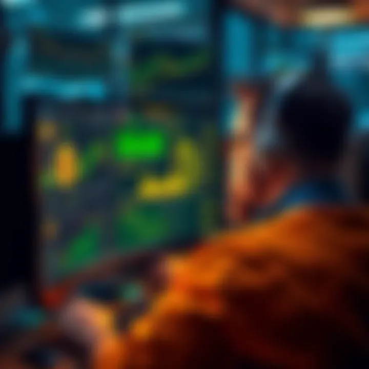 A contractor looking at a computer screen filled with Bitcoin graphics and charts, reflecting uncertainty and innovation after a crypto loss.