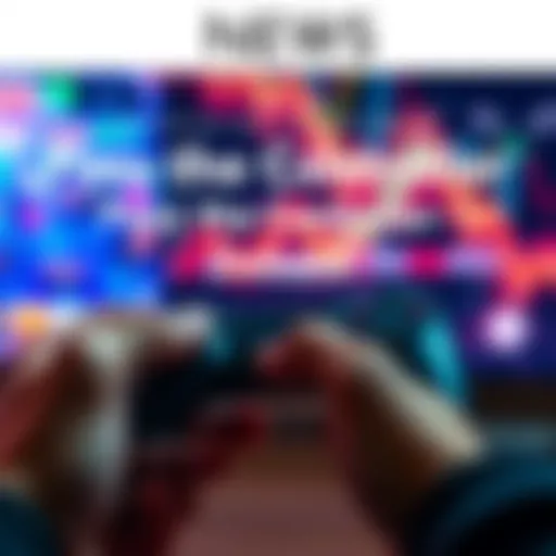 A close-up of hands holding a video game controller with a colorful gaming background.