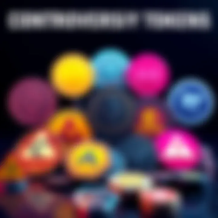 A graphic showing various controversial crypto tokens in front of a dark background, highlighting tokens like Celestia and Sui with warning signs, representing poor tokenomics.