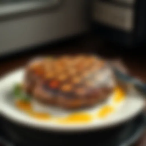 Perfectly seared marbled New York steak served on a plate with a fork and knife beside it
