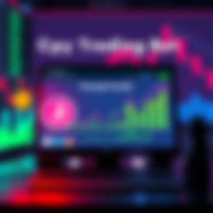 A graphic showcasing a computer screen displaying trading charts and a chatbot interface for copy trading. Symbols of currency and upward trends are visible, indicating automation in trading.