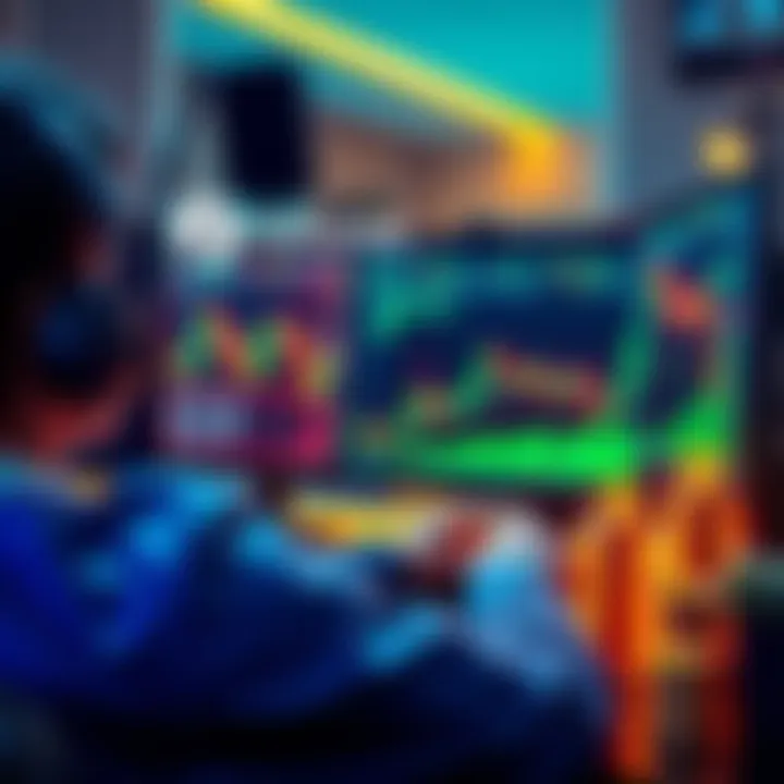 A person analyzing trading charts on a computer, with Solana's logo in the corner and investment symbols around them.