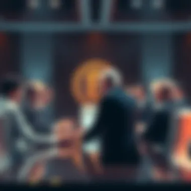 A group of politicians discussing with fund managers about R-Bitcoin investments in a meeting room, highlighting the connections between them.