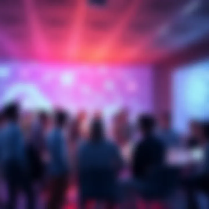 A group of people engaged in discussion about interchain projects and tokens, with a vibrant Cosmos theme in the background.