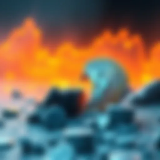 A graphic showing a downward trend in cryptocurrency values, symbolizing the fall of Cosmos; a broken coin with the Cosmos logo.