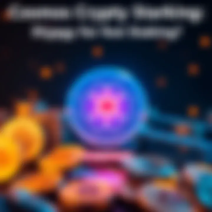 A visual representation of Cosmos logo with cryptocurrency coins, highlighting staking benefits, showing potential growth in the crypto market.