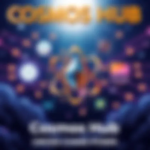 An illustration depicting Cosmos Hub with ATOM symbol leading cross-chain connections, showing Ethereum as a central node with other networks like Nillion, Noble, Osmosis, and dYdX surrounding it.