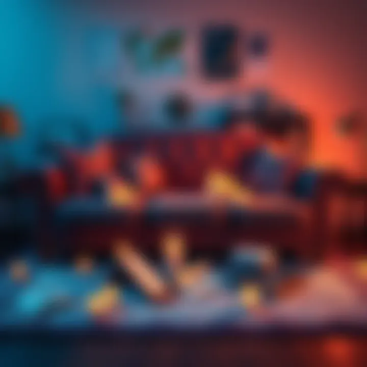 A cozy couch surrounded by candles and scattered market charts, symbolizing furniture-themed trading discussions.