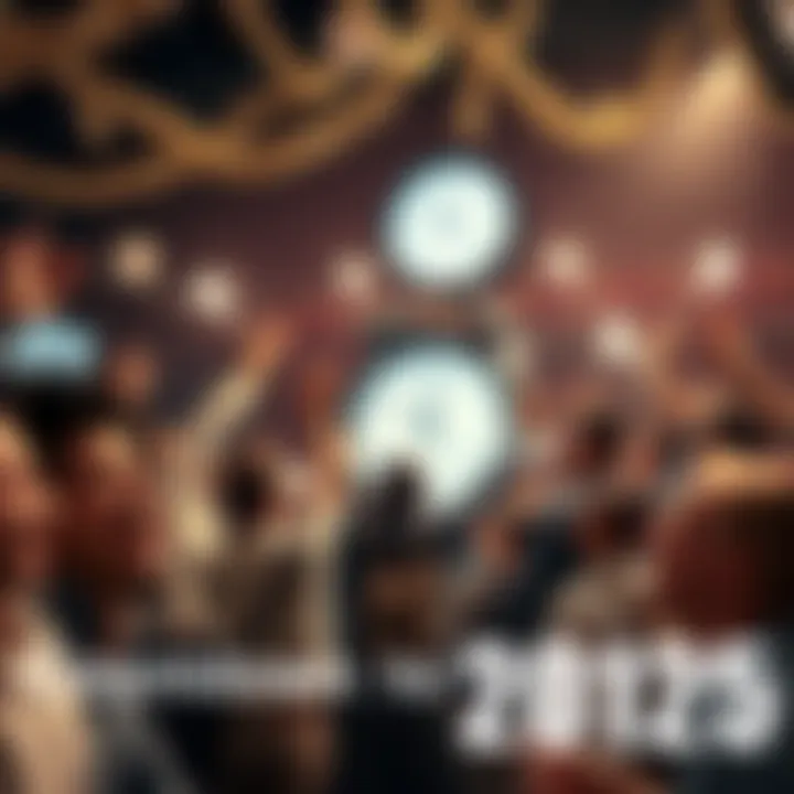 A group of excited people celebrating the countdown to the end of 2025, with festive decorations and a large clock ticking down.