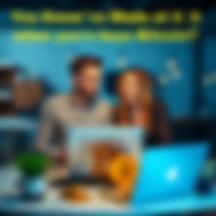 A man and woman sitting together at a table with a laptop, looking excited while discussing Bitcoin investment strategies, representing financial success.