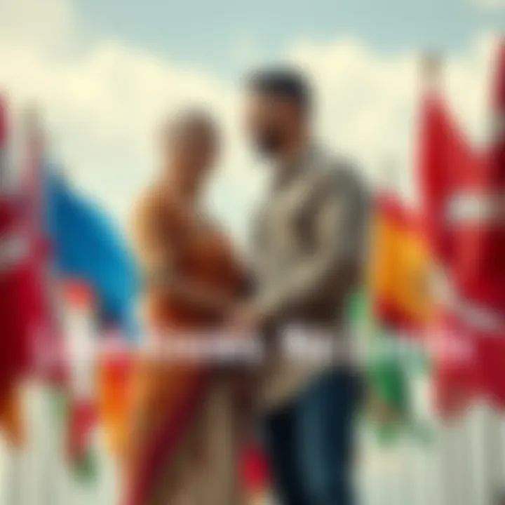 A couple from different cultural backgrounds holding hands and smiling, surrounded by symbols of their respective cultures like flags and traditional attire.