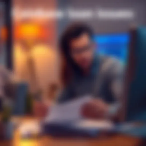 A couple looking worried while checking their financial documents related to Coinbase; a computer screen shows unclear loan information.